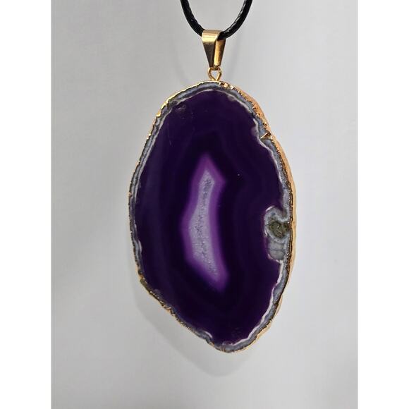Purple Agate Slice Pendant Necklace | Natural Stone | Adjustable Cord - Picture 7 of 16
